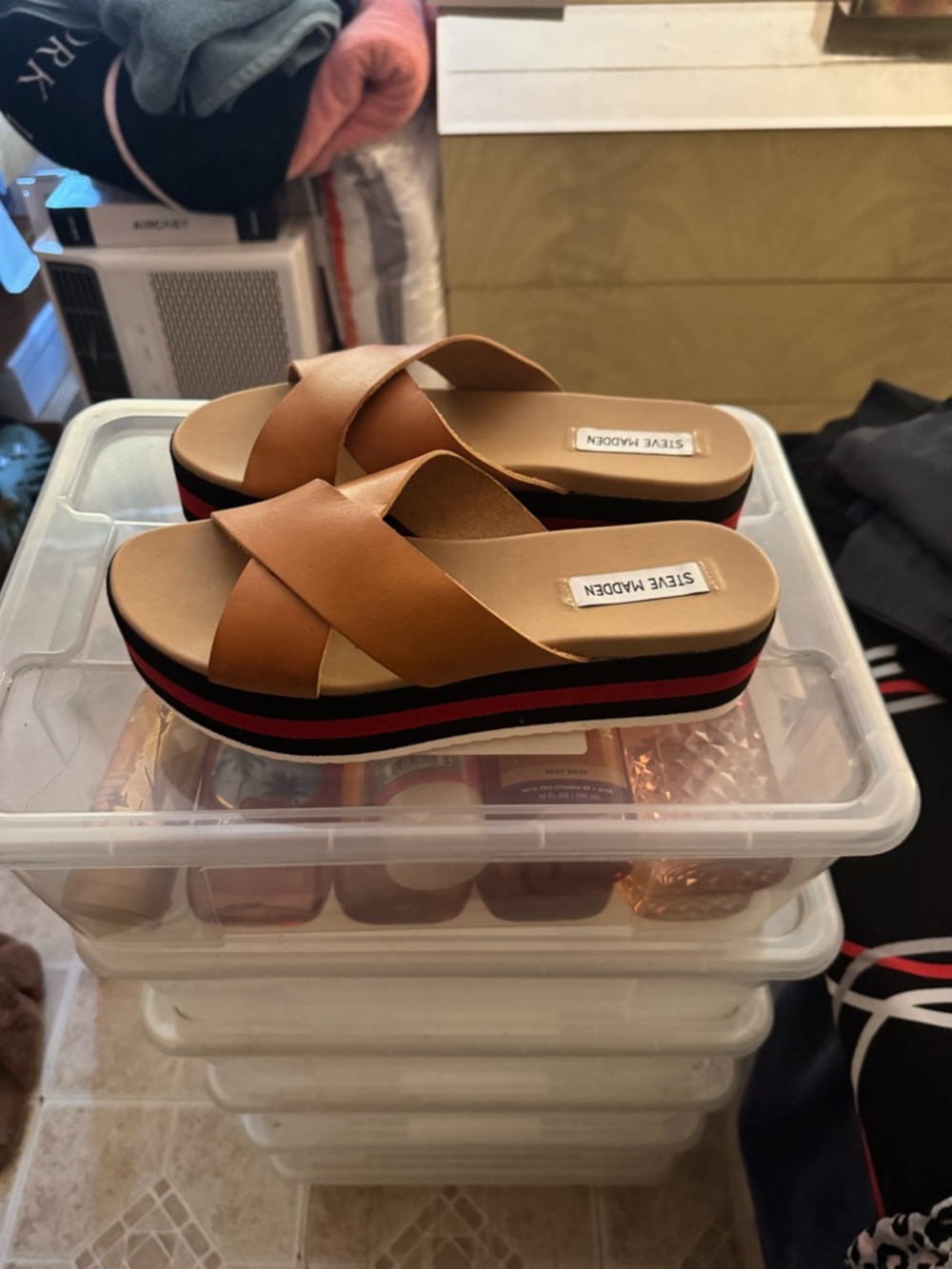 Steve Madden Tan Crisscross Platform Slide Sandals with Black & Red Stripes